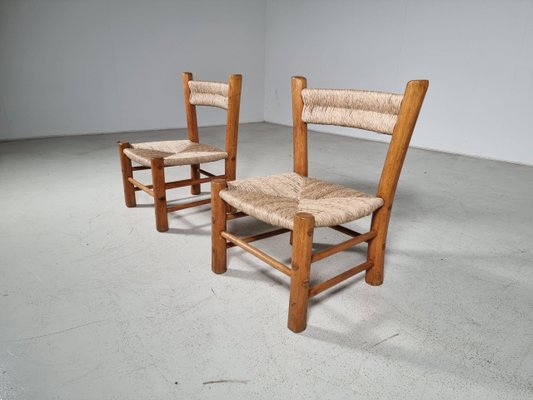 French Rustic Chairs in Elm Wood Straw by Charlotte Perriand