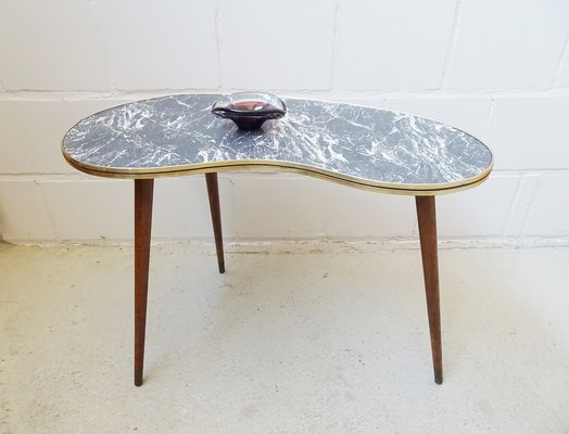 Petite Table D'appoint Vintage 1950/60 - Forme Haricot - Verre Et Pied Bois Compas