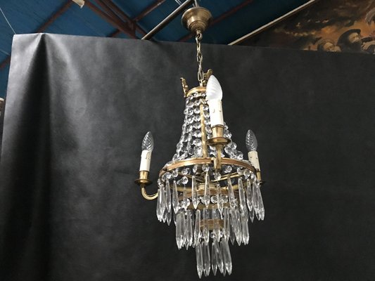 Small Vintage Crystal & Brass Cascade Chandelier, 1950s for sale