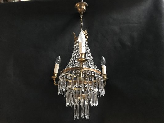 Small Vintage Crystal & Brass Cascade Chandelier, 1950s for sale