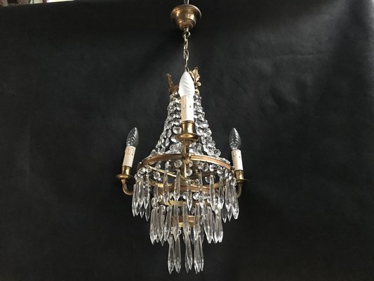 Small Vintage Crystal Brass Cascade Chandelier 1950s for sale