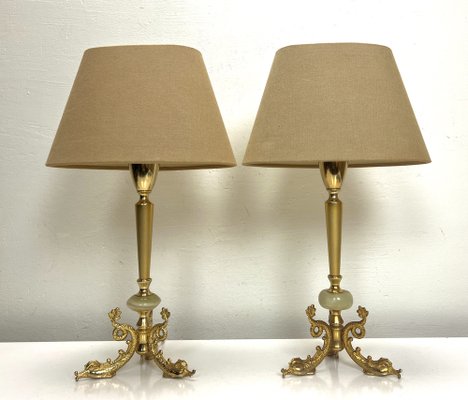 Small French Brass & Marble Table Lamps with Dolphin-Feet, 1960s, Set of 2  for sale at Pamono