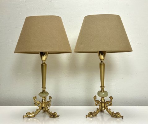 Small French Brass & Marble Table Lamps with Dolphin-Feet, 1960s