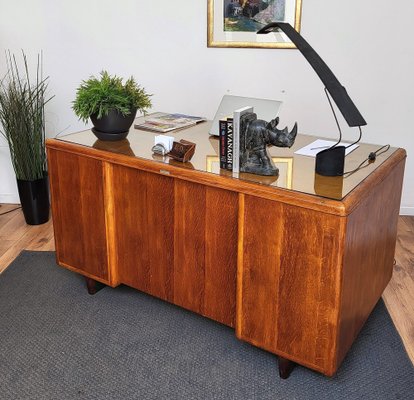 Mid-Century Brass & Walnut Rectangular Fireplace Tool Set