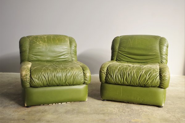 Green Eco Leather Armchairs 1970s Set of 2