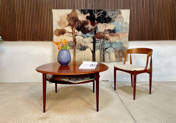 Round Minerva FD 515 Teak Coffee Table with Cane Shelf by Peter Hvidt Orla M lgaard Nielsen for France Son Denmark 1960s