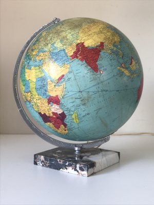 Globe Terrestre Vintage 32cm Avec Base En Marbre - Carte Politique Bleue - Décoration Bureau/Salon - 22x20x32cm