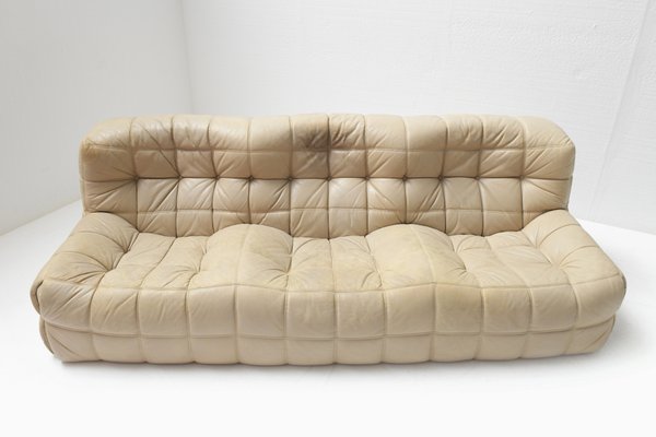 Vintage Leather Kashima Sofa in Cream Leather by Michel Ducaroy for Ligne Roset 1980s