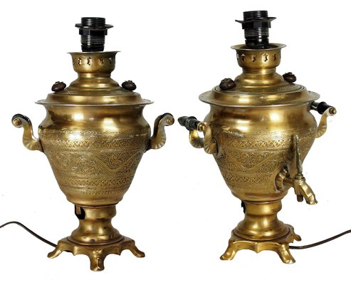 Vintage Islamic Engraved Brass Samovar Table Lamp for sale at Pamono