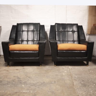 Vintage Black Vinyl and Orange Fabric Seated Armchairs 1960s Set