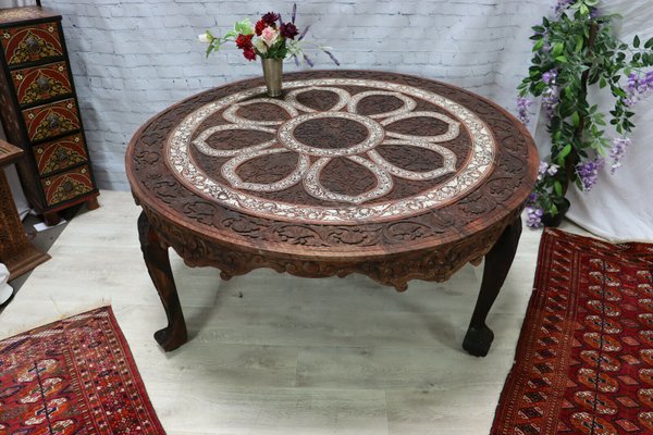 Antique Orient Wood Hand Carved Indian Anglo Round Dining Table