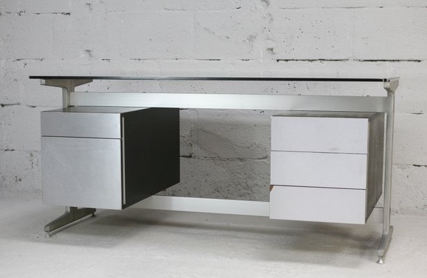 Large Double Pedestal Desk in Black Stained Wood with Stainless
