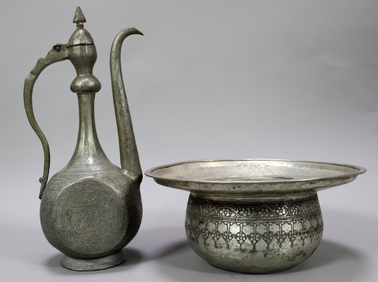Vintage Afghan Engraved Pitcher and Basin Set in Copper, 1920s for
