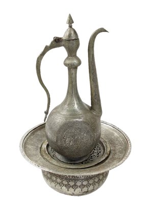 Vintage Afghan Engraved Pitcher and Basin Set in Copper, 1920s for