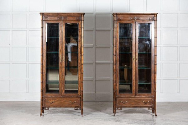 Walnut Faux Bamboo Glazed Display Cabinets Set of 2 for sale at