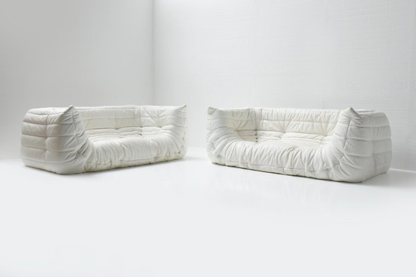 Togo Medium Settee Set in White Leather by Michel Ducaroy for