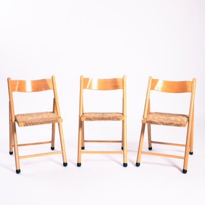 Vintage Wooden Folding Chairs with Rush Seats Set of 3