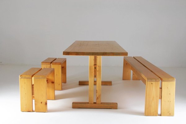 Large Les Arcs Table, Bench and 2 Stools attributed to Charlotte