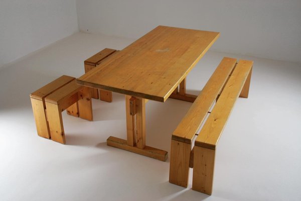 Large Les Arcs Table, Bench and 2 Stools attributed to Charlotte