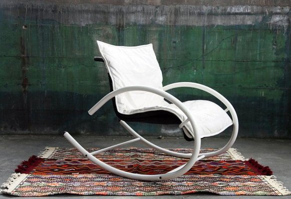 Metal and Black Leather Ellipse Rocking Chair by Les Amisco 1980s