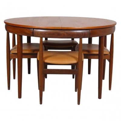Teak and Cognac Aniline Leather Roundette Table with Chairs by Hans Olsen for Frem R jle 1890s