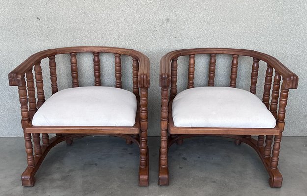 Spanish Hand Carved Chairs with Slatted Barrel Back 1920 Set of 2