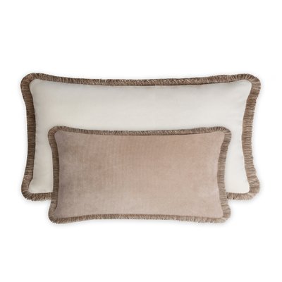 Couple Happy Pillow in Beige and White Velvet with Fringes from Lo Decor Set of 2