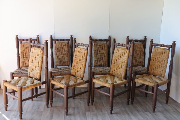 Sillas vintage madera cuerda trenzada, 60. Juego de 8 en venta en Pamono