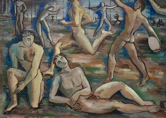 Nude Male Athletes at the Olympics, 1948, Oil on Canvas for sale at Pamono