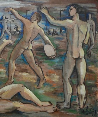 Nude Male Athletes at the Olympics, 1948, Oil on Canvas for sale at Pamono