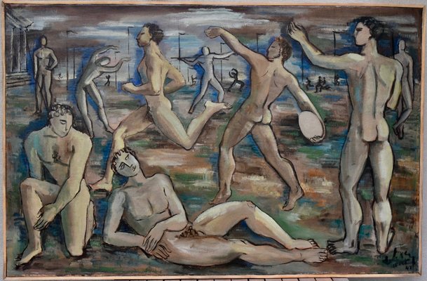 Nude Male Athletes at the Olympics, 1948, Oil on Canvas for sale at Pamono