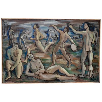 Nude Male Athletes at the Olympics, 1948, Oil on Canvas for sale at Pamono