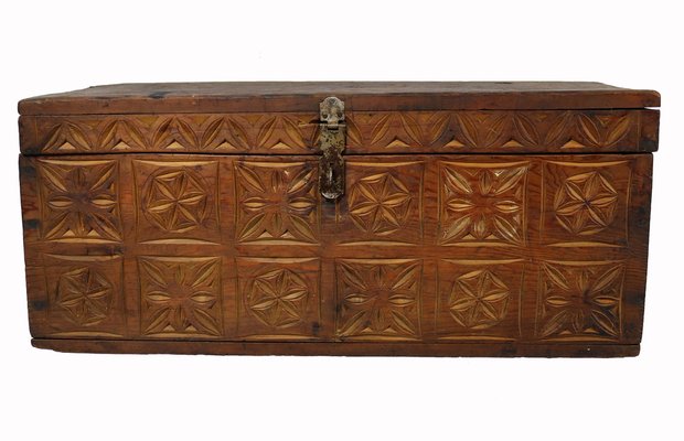 Antique Cedar Wood Treasure Dowry Chest Box, Nuristan, Afghanistan, 1920s