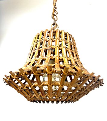 Large Bamboo Rattan Bell Shape Pendant Lamp France 1960s for