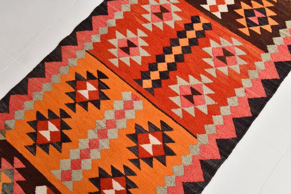 Tapis Kilim Afghan En Laine Tissé Main 350x87cm - Style Géométrique Multicolore