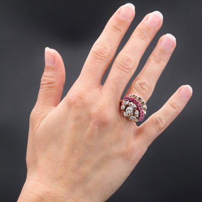 14 Karat Rose Gold Ring with Rubies and Diamonds, 1940s for sale