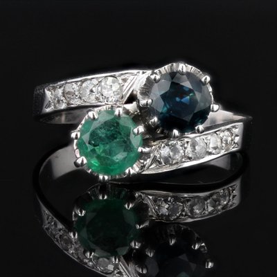 BAGUE OR 18 CARATS - Emeraude Et Saphir - 5,30 Grammes - Occasion (portée) - Bijou Vintage Sans Marque