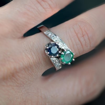 Bague Or 18 Carats émeraude Et Saphir - Bijou Ancien 5,30 G - Occasion