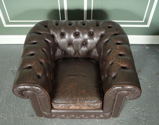 Vintage Distressed Brown Leather Chesterfield Gentlemans Club Chairs Set of 2 for sale at Pamono