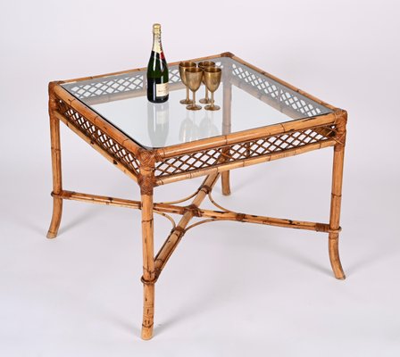 Mid Century Italian Squared Bamboo Table with Glass Top from Vivai Del Sud 1960