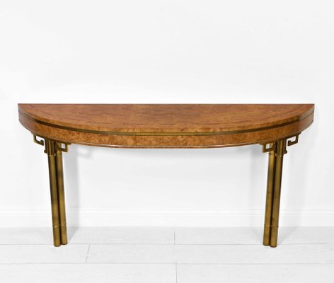 Burr Wood and Brass Greek Key Console Table attributed to
