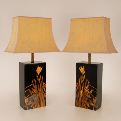 Chinoiserie Pagoda Table Lamps in Gold and Black Lacquer by Jean