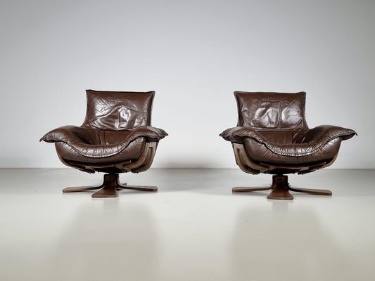 Leather and Oak Swivel Chairs by Carl Straub Germany 1960s