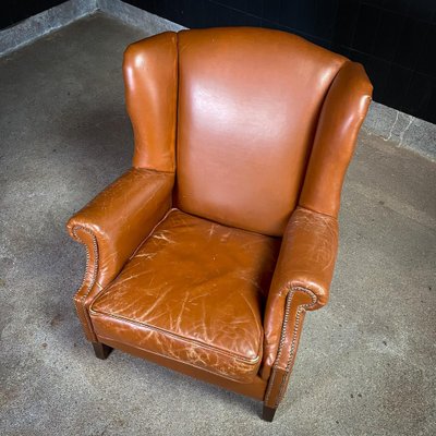 Leather Victorian Wingback Chairs Vintage Cognac Leather Wingback