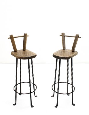 Brutalist Wrought Iron & Oak Bar Stools, 1970s, Set of 2 for sale at Pamono