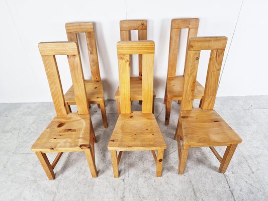 Pine Wood Highback Dining Chairs 1970s Set of 6 for sale at Pamono
