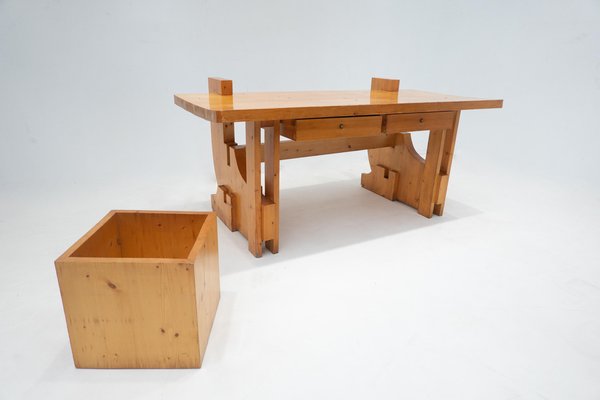 Mid Century Modern Desk with Drawers in Pine Wood Italy 1960s