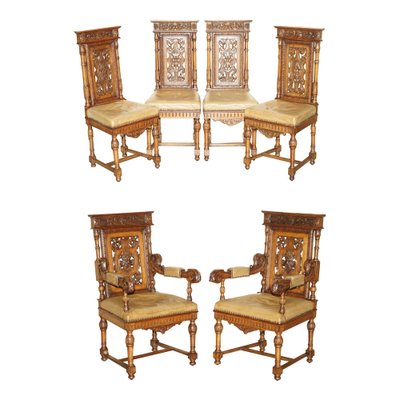 Set of 6 French Louis XV Antique Carved Walnut Dining Chairs