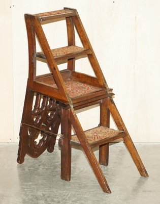 English Gothic Metamorphic Library Steps Chair in Ornately Carved