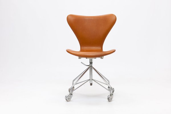 Cognac Leather First Series 3117 Desk Swivel Chair by Arne Jacobsen for Fritz Hansen 1960